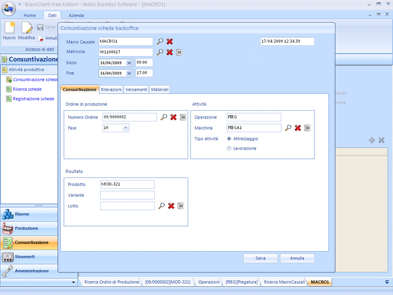 Bravo Client - consuntivazione della produzione in backoffice